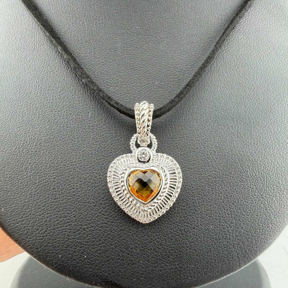 Judith Ripka 925 Sterling Silver Citrine Heart Enhancer Pendant Fleur-de-lis